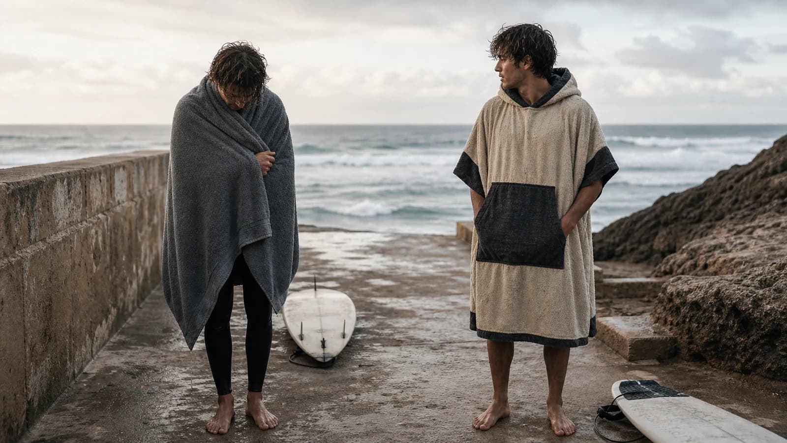 Two surfers after a session, one using a towel and one wearing a changing poncho