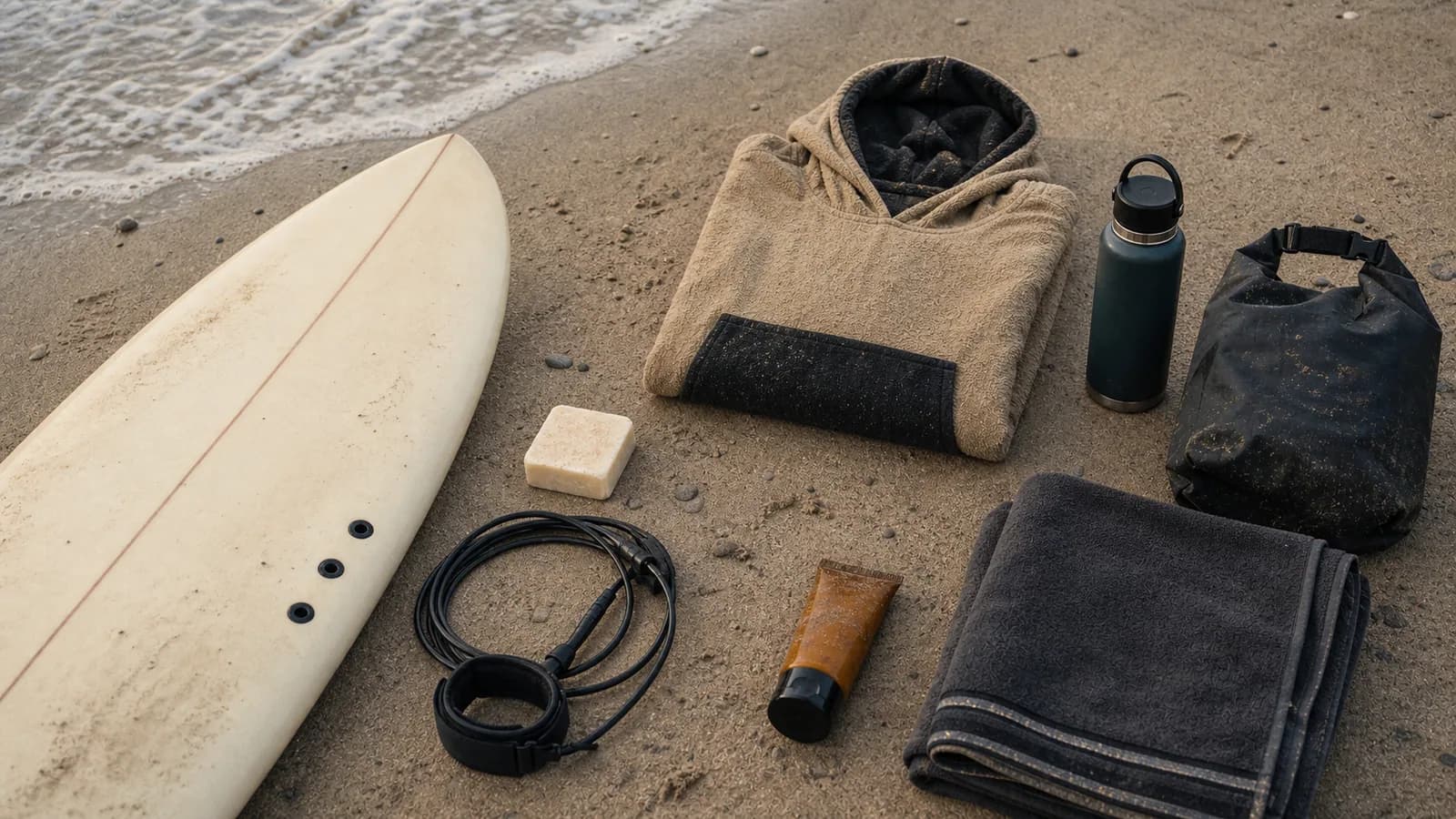 Beginner surfboard, leash, wax, sunscreen, poncho, water bottle, and bag arranged on sand