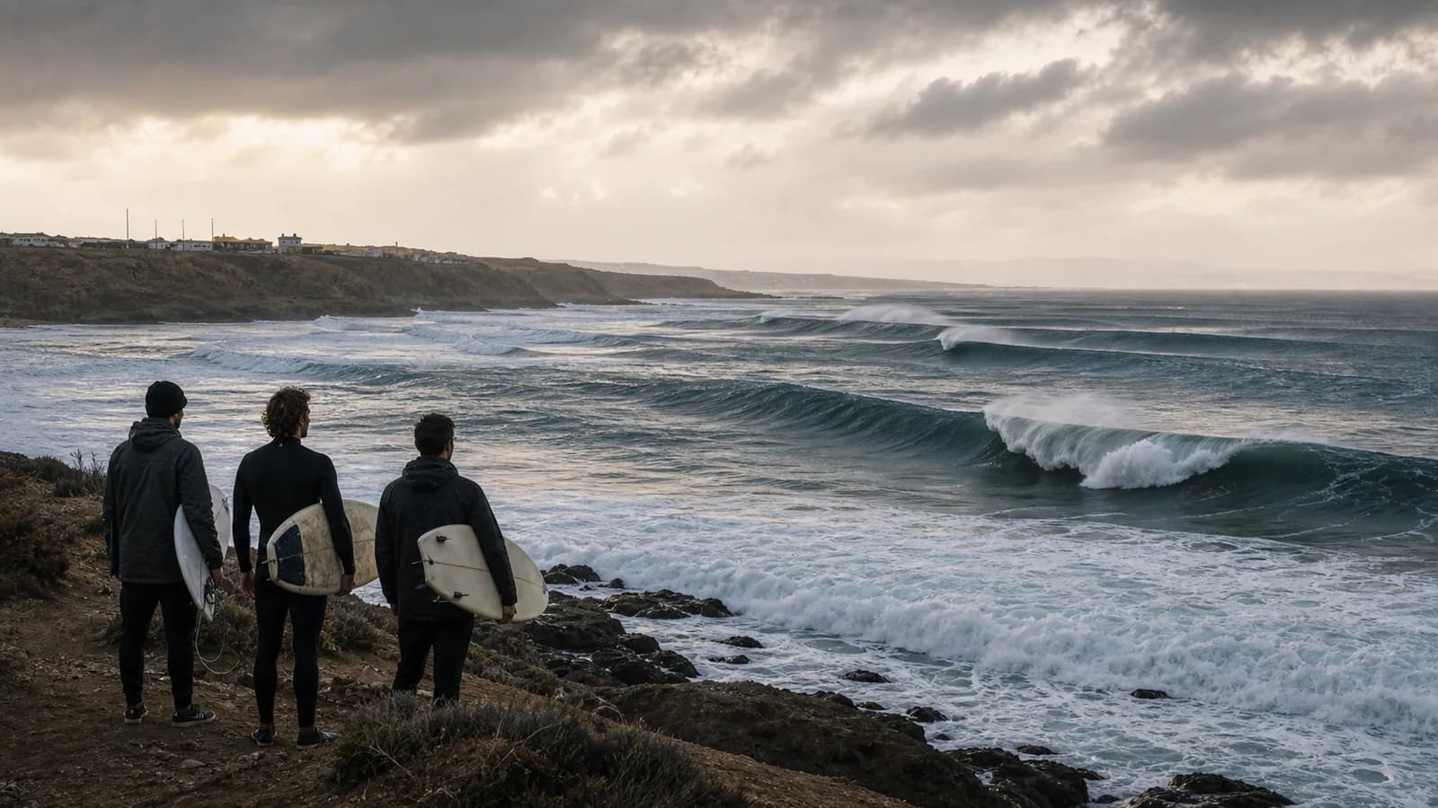 Surfers watching lines of winter swell arrive on Morocco's Atlantic coast