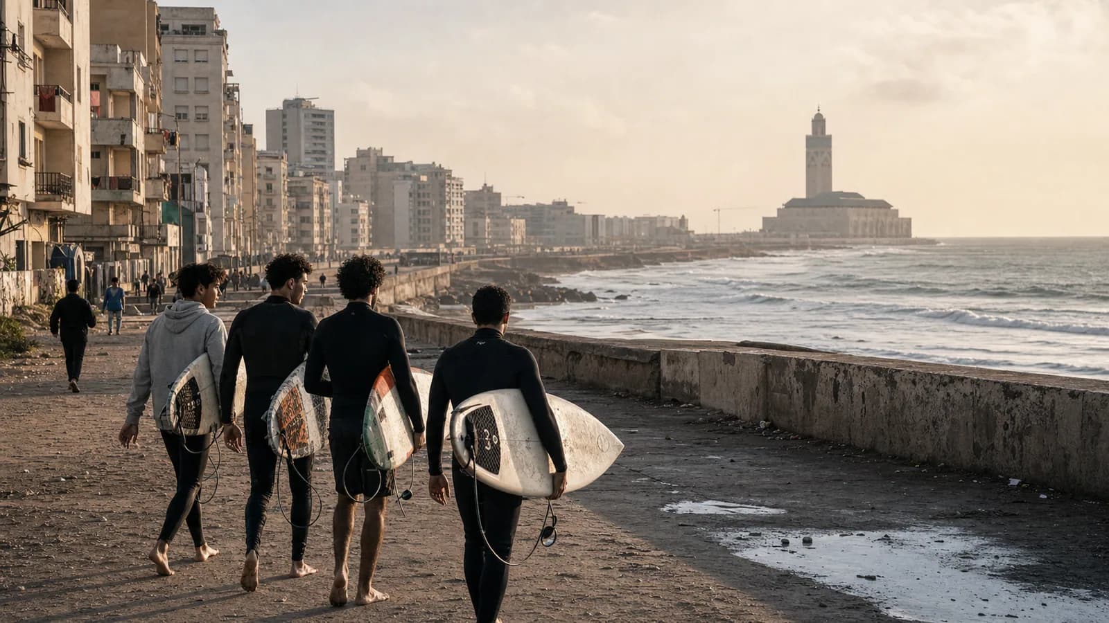 Young Casablanca surfers walking beside the Atlantic with the city coastline behind them