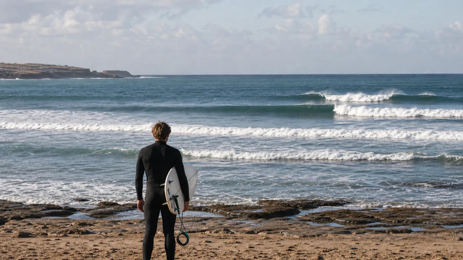 Surfer standing on the beach and studying visible Atlantic wave sets before entering