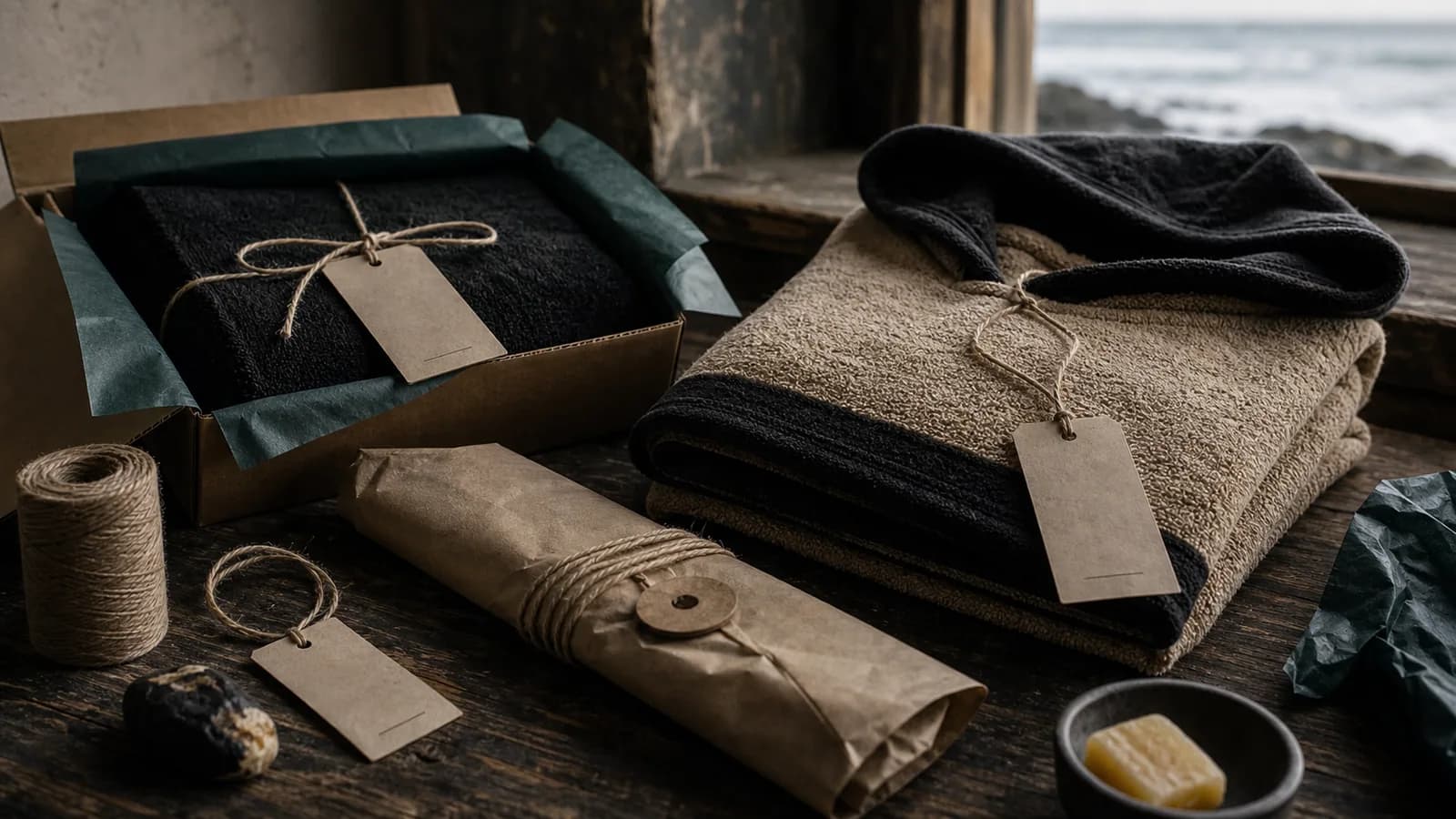 Folded poncho fabric, numbered edition tag, and coastal packaging prepared for a limited drop