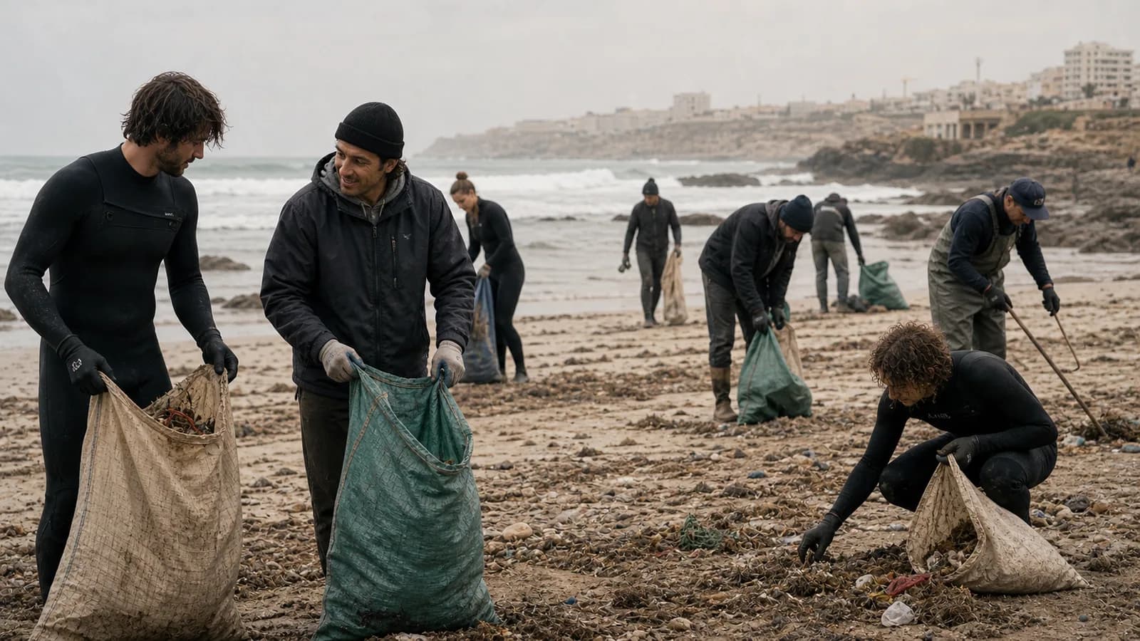 Surfers and shore fishers collecting litter together on a Moroccan Atlantic beach